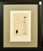 Helen Madeleine Mckie (1889-1957), a scene of a courting couple one a United States military officer, ink draw
