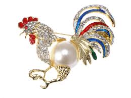 Womens Gold Tone Clear Rhinestones Faux Pearl Rooster Chicken Brooch Pin | eBay