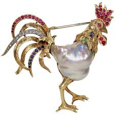 1940s Baroque Pearl and Gemstone Rooster Brooch in 18 Karat Gold For Sale at 1stDibs
