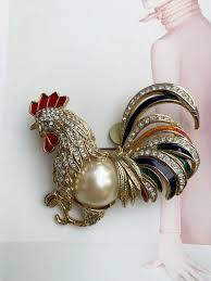 Extra Large Vintage Rooster Brooch With Rhinestones Enamel and Pearl - a Unique Rare Find - 90s Fashion - Etsy