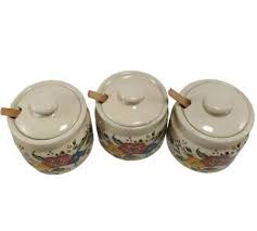 Vintage Condiment Pots Ceramic Set of 3 w/Spoons Floral Leaf Motif Kitchen | eBay