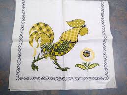 VINTAGE ROOSTER KITCHEN DISH TOWEL linen olive green gold 70s retro used ironed | eBay