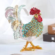 Rooster Jewelry Trinket Box - Art Deco Metal Statuette