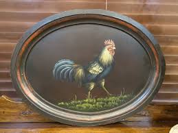 Black Oval Tray Folk Art Hand Painted Rooster 20” x 15.25” Wooden Primitive | eBay