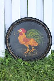 vintage folk art hand painted crowing rooster, primitive toleware huge old barrel lid