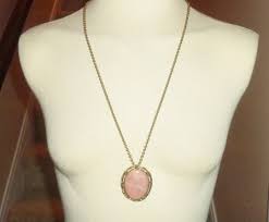 Pink Quartz Brooch Necklace Vintage Pendant on Gold Tone ...