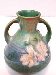 ROSEVILLE POTTERY MINI VASE GREEN AND BLUE WITH WHITE AND YELLOW FLOWERS !!!!!!! | eBay Australia