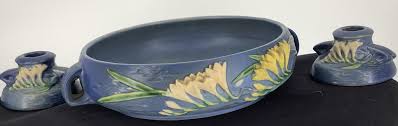 Lot - Roseville pottery large blue Freesia bowl with two ...