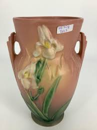 Lot - Roseville pottery Iris pink, double handled widemouth vase!has small chip around the bottom of the vase. 8 1/2” tall