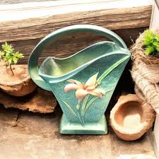 Vintage Roseville 'zephyr Lily Evergreen' Handled Basket 394-8", Green & Teal Art Pottery, 8.5" Floral Basket, Collectible Antique Pottery - Etsy