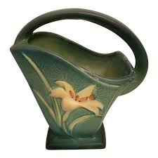 1940s Roseville Pottery Zephyr Lily Handled Basket | Chairish
