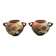 1930s Roseville Brown Waterlily Double Handle Vases - a Pair ...