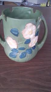 ROSEVILLE Pottery Vase VINTAGE 1940's White Rose Green Blue ...