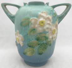 AS-IS 6" Double Handle Roseville Pottery Blue w/ Whit Flowers 1940 Vas – Pocatello Market