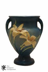 Roseville Art Pottery 202-8 Handled Zephyr Lily Blue Vase Ceramic