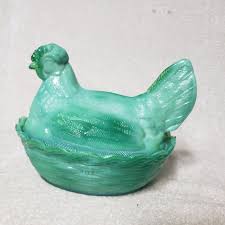 Vtg Green Slag Glass Hen On Nest/Basket 6” Long Jadeite ...