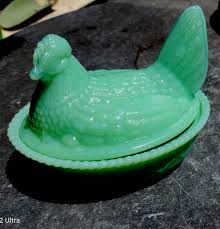 CHICKEN JADEITE 5" DEPRESSION STYLE GLASS HEN ON WOVEN NEST ...