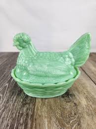 Jadeite Glass Hen on Woven Nest - Chicken Candy or Trinket ...