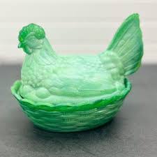 Vintage Green Slag Glass Hen on Nest - Green Glass Chicken ...