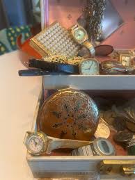Vintage jewelry watch token coin lot w/vtg.jewelry box