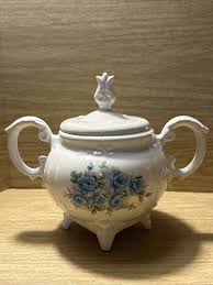 Sugar Bowl w Lid Vintage Porcelain Blue Roses Large Handle 4 ...
