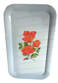 Vintage Mid-Century Tin 11x18" Serving Tray Coral Colored Roses Powder BLUE | eBay