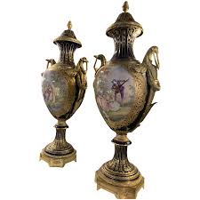Pair of palace size French Sevres urns, gilded bronze, circa ...
