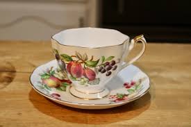 English Bone China Tea Party by Queen Anne AND Royal Albert in Fruit Motif in Scarlet Yellow Roses; Green Red Fuchsias; Pink Chrysanthemums - Etsy