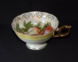 Vintage Iridescent Japan Teacup and Saucer Set Fruit Purple Green Grapes Apple Gold Filigree Lusterware Yellow Band Widemouth - Etsy