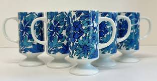 Vintage MCM MOD Blue Flowers Espresso Pedestal Mugs Floral ...