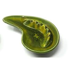 Vintage Cal Style Ceramic Green and Gold Boomerang Ashtrays - a Pair | Chairish