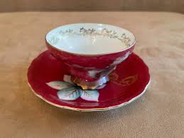 Trimont Japan Tea cup & Saucer Dark red vintage floral white ...