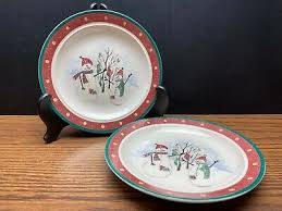 Set of 2 Royal Seasons Stoneware Dessert Plates Snowman Red Band Dots Green Trim | eBay