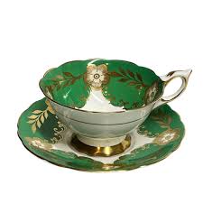 Royal Stafford Cup Saucer Teacup Grean White Flowers Gold ...