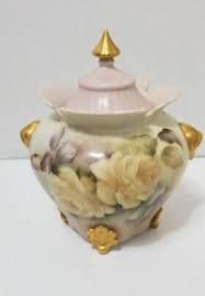 Vintage Handpainted Footed Biscuit Jar + Lid Old roses gold ...