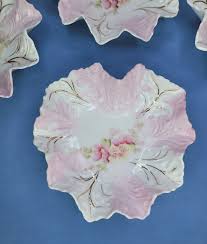 Vintage Heart Leaf Bowl Set of 7 Ruffled Scalloped RS Prussia Pink Gold Flowers | eBay
