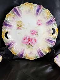 RS Prussia Berry Set and Cake Plate Roses on Rainbow Luster 9 pcs total c.1890 – Estate Fresh Austin