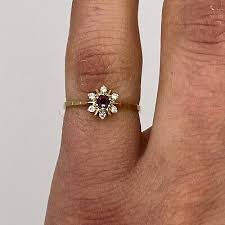 New 14k Yellow Gold Round Ruby & Diamond Flower Ring Size 6 ...
