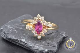 Marquise Ruby and Diamond Halo Ring, Solid 14K Yellow Gold
