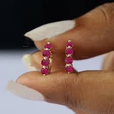 Natural Ruby Gemstone Huggie Hoop, Solid 14k Yellow Gold ...
