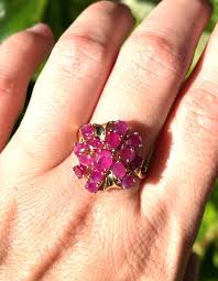 Vintage 14K Yellow Gold Natural Ruby Cluster Statement Ring ...