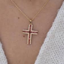 Natural Ruby Cross Pendant: 14k Gold Necklace, Prong Setting ...