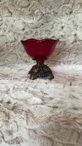 Ruby Glass Compote With Ornate Metal Stand. Vintage - Etsy