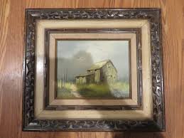 Barn Oil on Canvas Painting Hand Carved Frame Signed Cloud ...