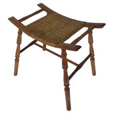 Wicker and Turned Oak Wood Stool Bench For Sale at 1stDibs