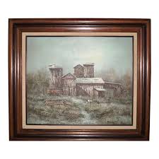 Mid 20th Century Barn Scene Oil Painting, Framed | Chairish