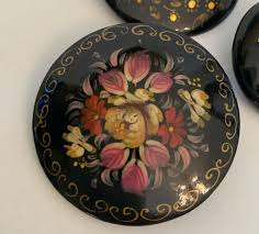 3 Round Russian Lacquer Pin Brooch - Still Life Flowers ...