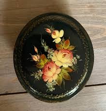 Small Russian Lacquer Oval Box, Blue With Floral Detail - Etsy