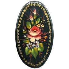 Russian Lacquered Pin Brooch Hand Painted Black Floral Design Oval . For Sale at Ruby Lane