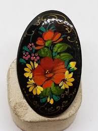 Vintage Estate Oval Tole Painted Flowers on Black Painted Wood Brooch Pin | eBay